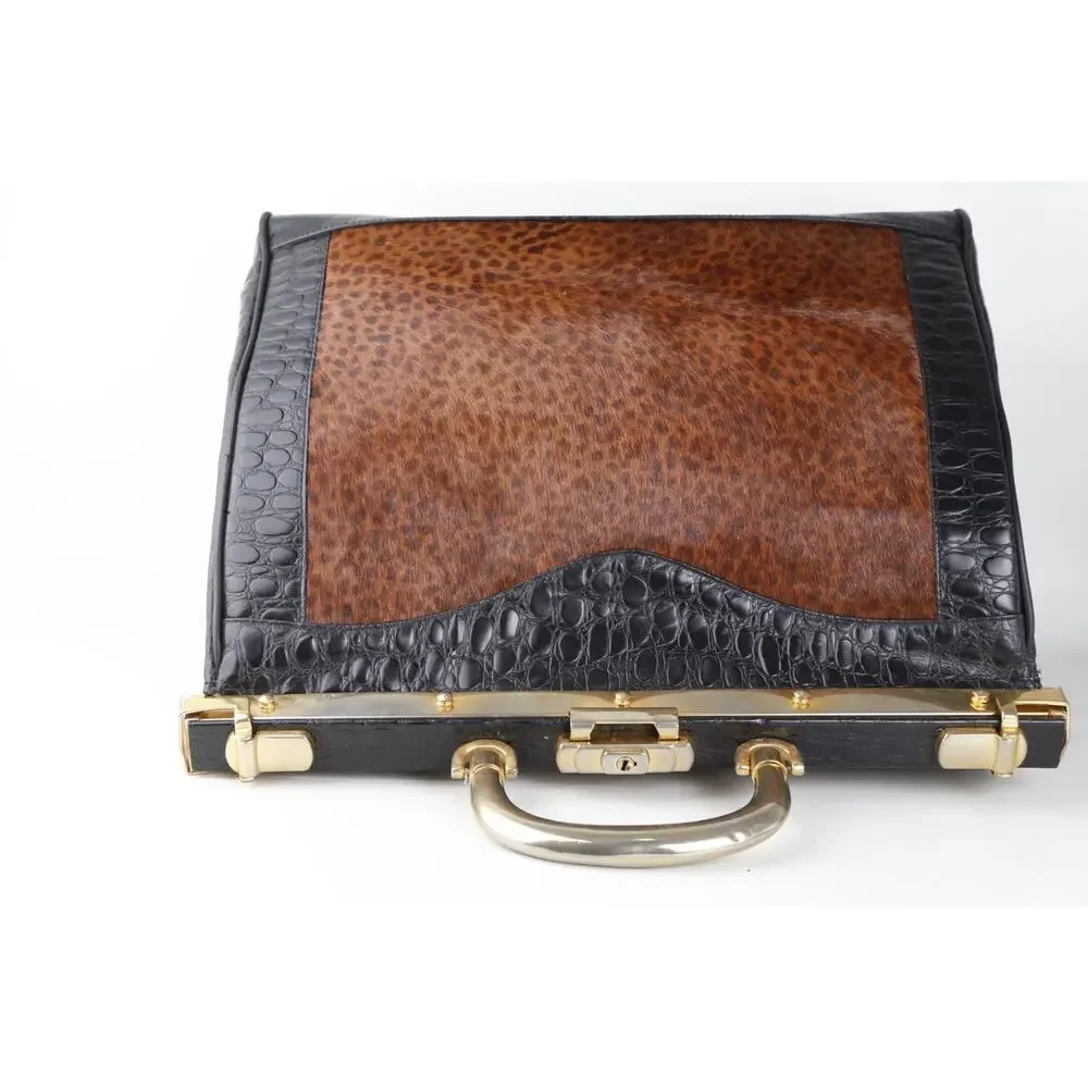 Rare Vintage L’ior Structured Doctor Frame Bag Croc Embossed Leather Calf Hair